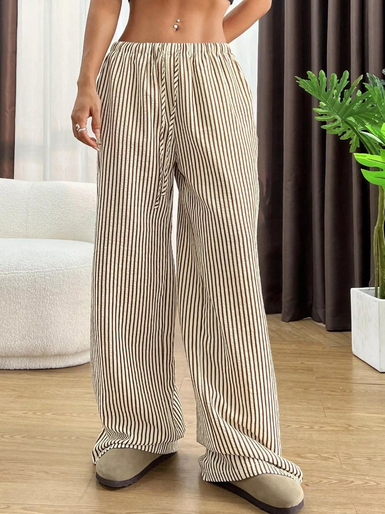 Full Size Striped Drawstring Waist Wide Leg Pants Plus Size - Twisted Southern Heat