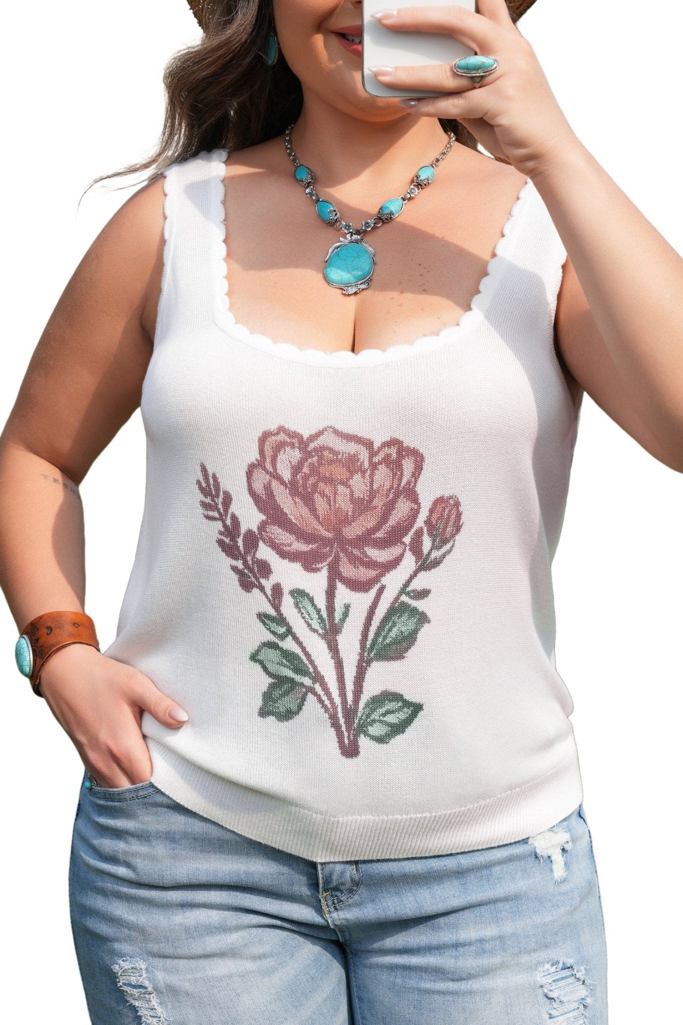 White Plus Size Floral Print Scalloped Trim Square Neck Sweater Vest - Twisted Southern Heat