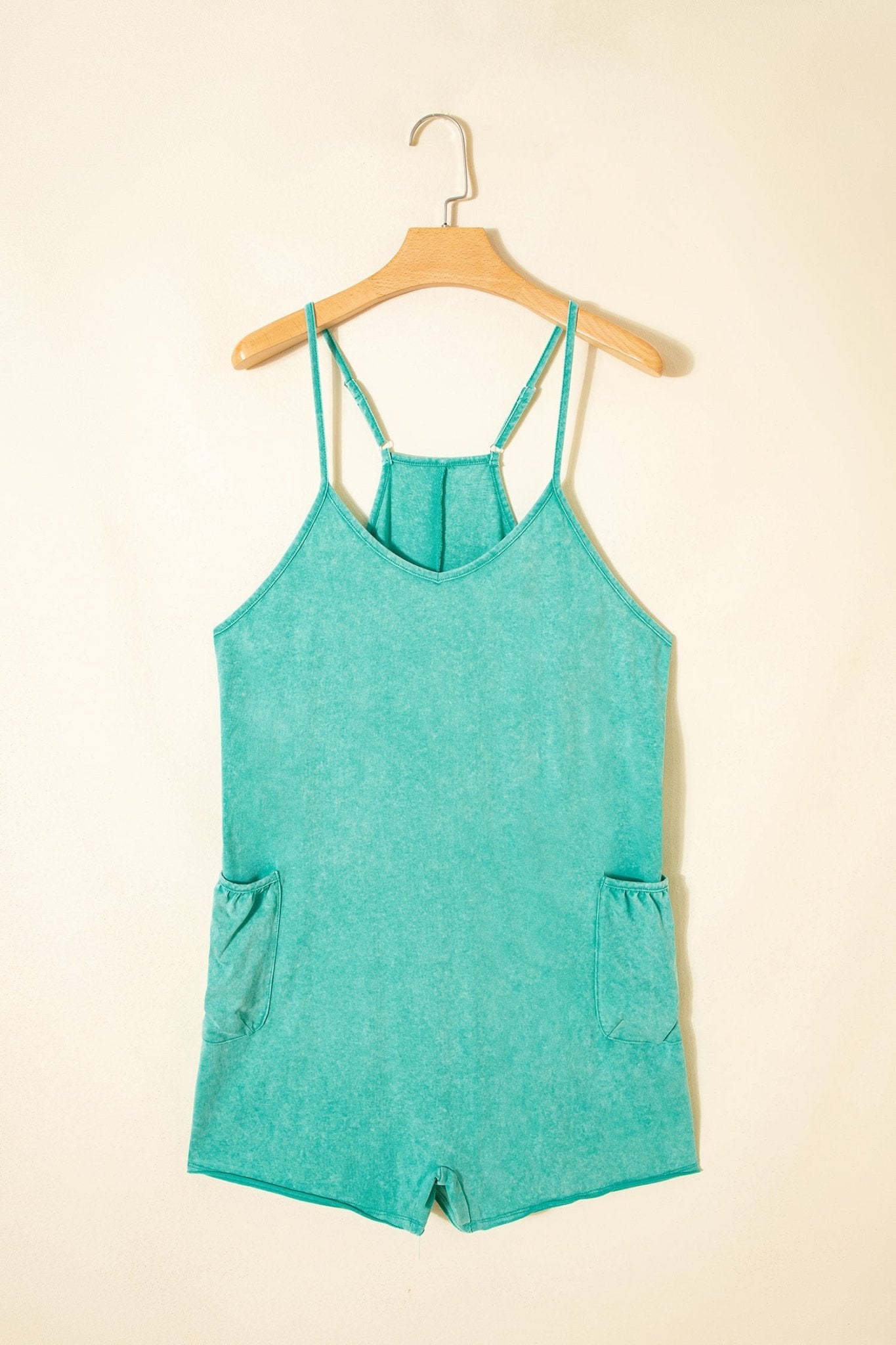 Mint Green Mineral Wash Spaghetti Straps Pocketed Romper - Twisted Southern Heat