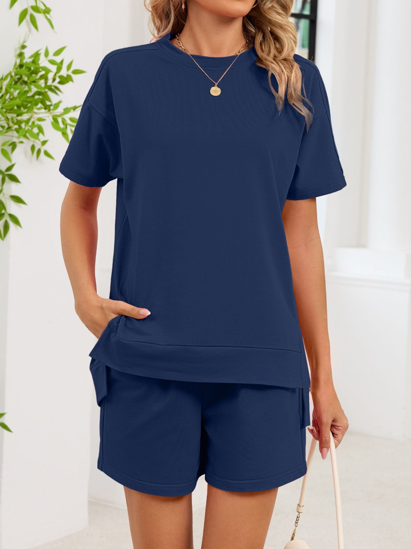 Round Neck Short Sleeve T-Shirt and Shorts Set - Twisted Southern Heat