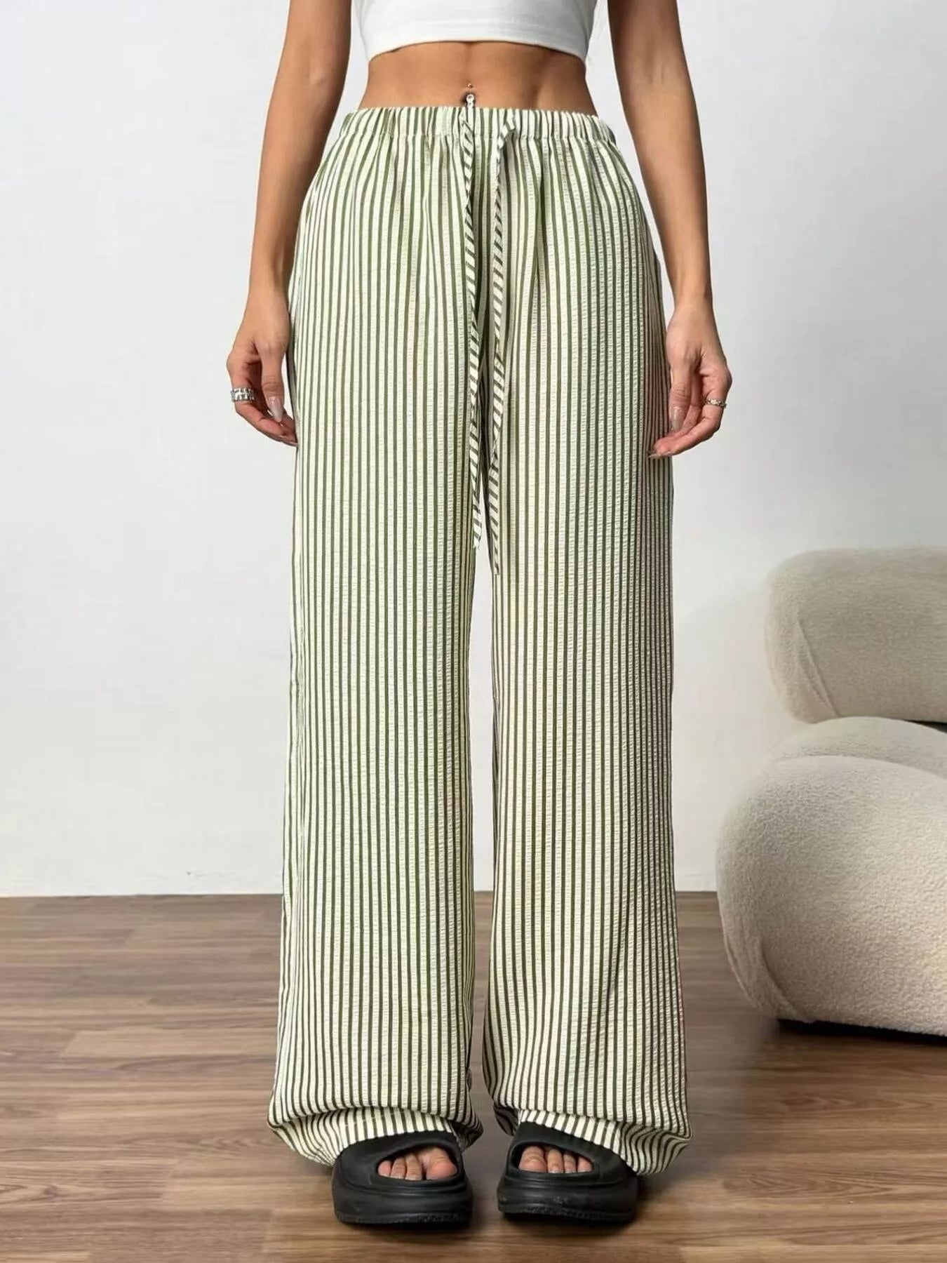 Full Size Striped Drawstring Waist Wide Leg Pants Plus Size - Twisted Southern Heat