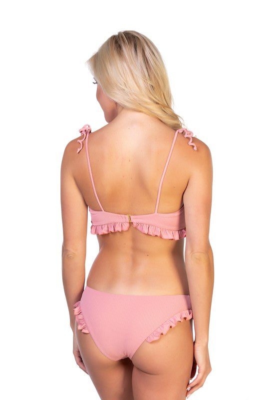 SOLID RIBBED PINK RUFFLED BIKINI SET - Twisted Southern Heat