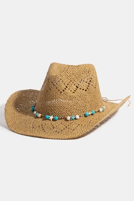 Fame Turquoise and Shell Star Beads Strap Western Straw Hat - Twisted Southern Heat