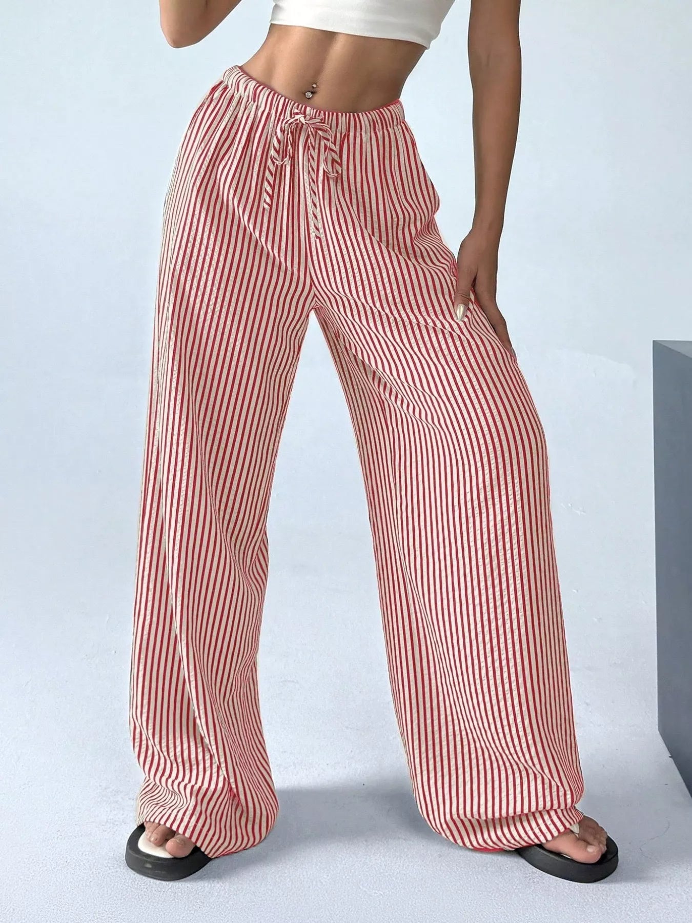 Full Size Striped Drawstring Waist Wide Leg Pants Plus Size - Twisted Southern Heat