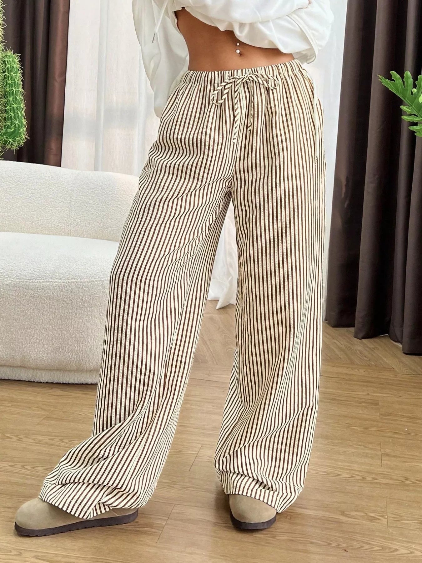 Full Size Striped Drawstring Waist Wide Leg Pants Plus Size - Twisted Southern Heat