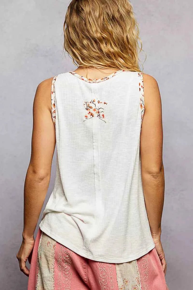 POL Floral Print Star Patch V - Neck Ribbed Tank - Twisted Southern Heat