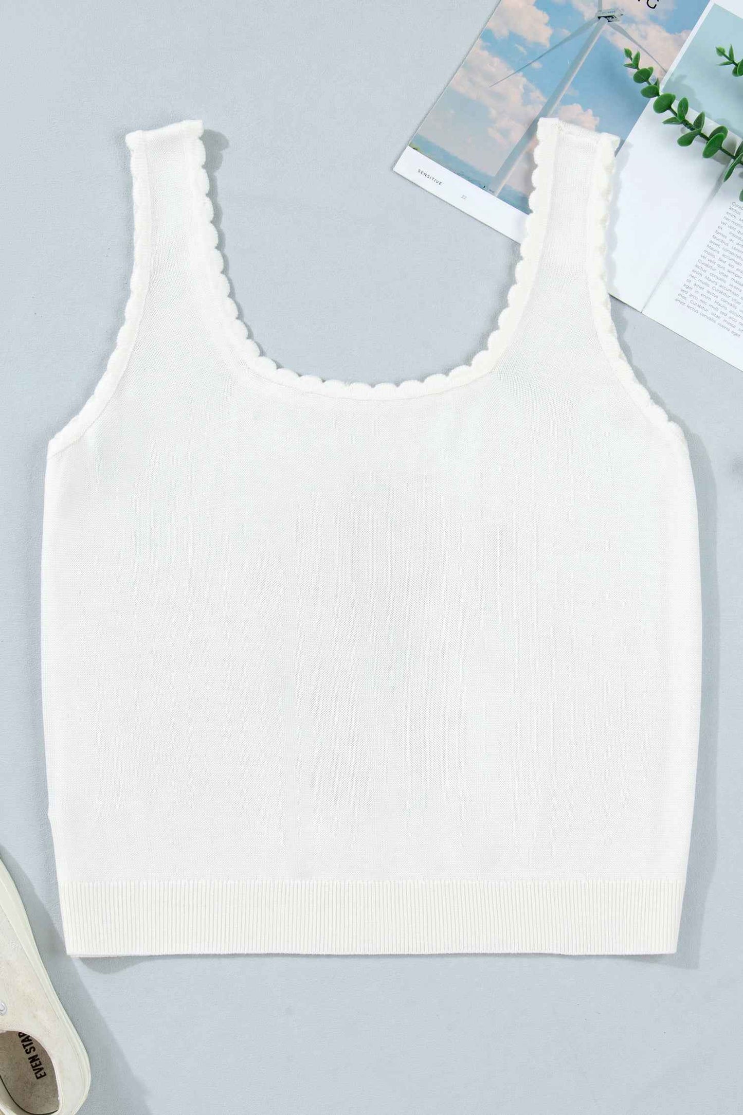 White Plus Size Floral Print Scalloped Trim Square Neck Sweater Vest - Twisted Southern Heat