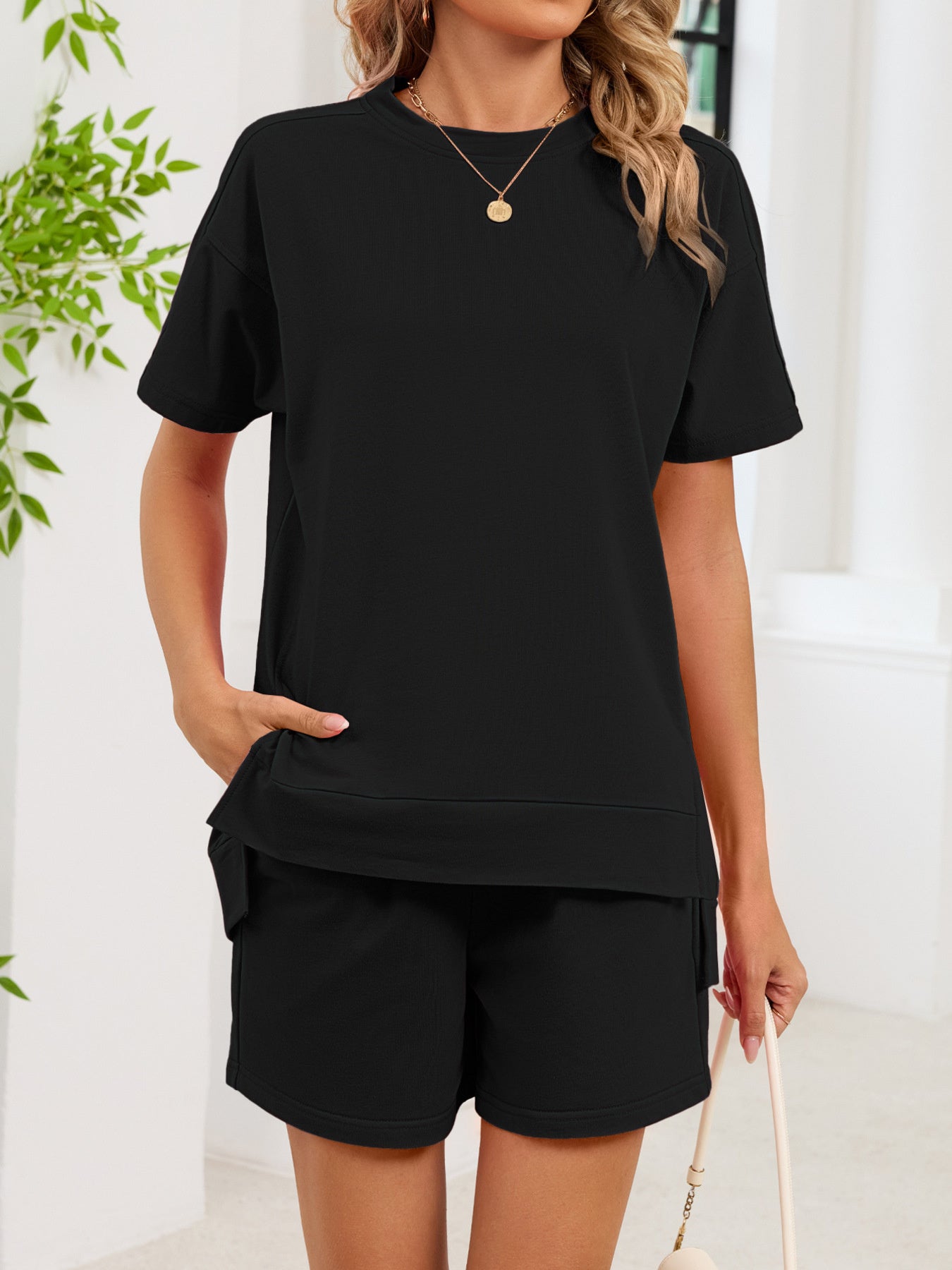 Round Neck Short Sleeve T-Shirt and Shorts Set - Twisted Southern Heat