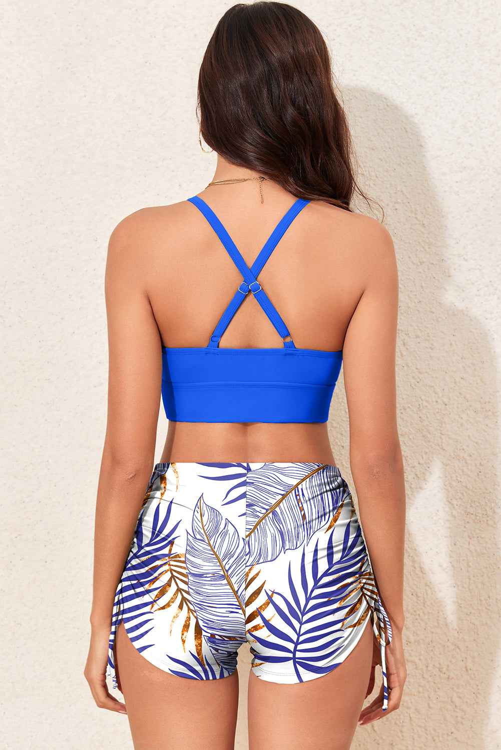 Dark Blue Tropical Printed Halter Bikini 2pcs Swimsuit - Twisted Southern Heat