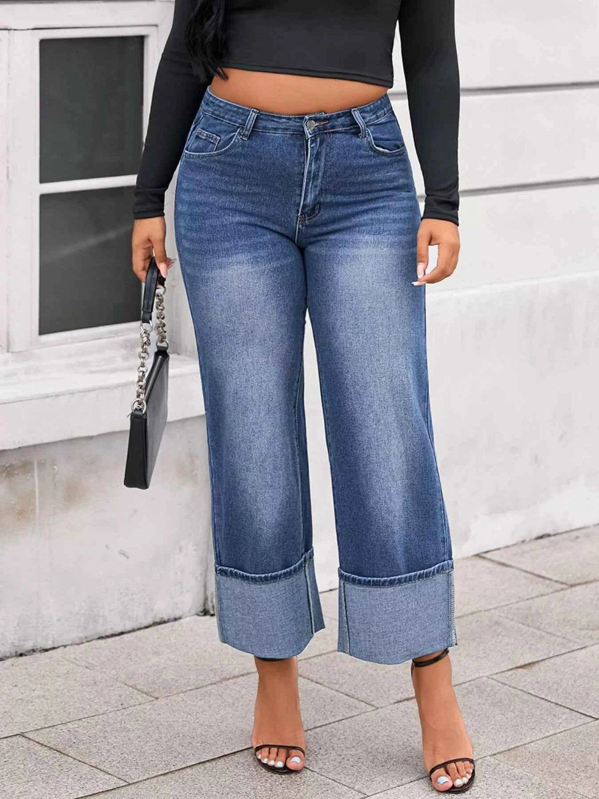 Plus Size High Waist Cuffed Wide Leg Jeans - Twisted Southern Heat
