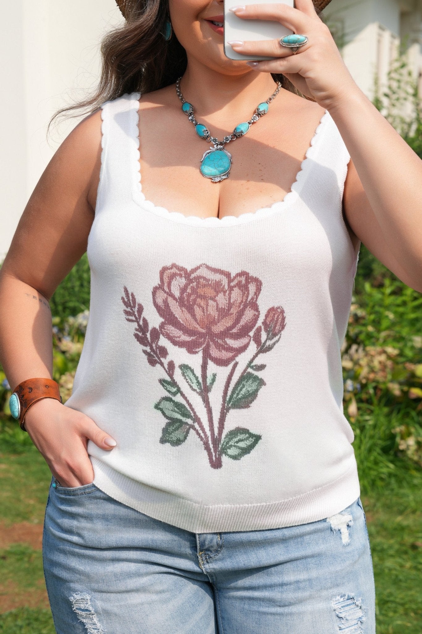 White Plus Size Floral Print Scalloped Trim Square Neck Sweater Vest - Twisted Southern Heat