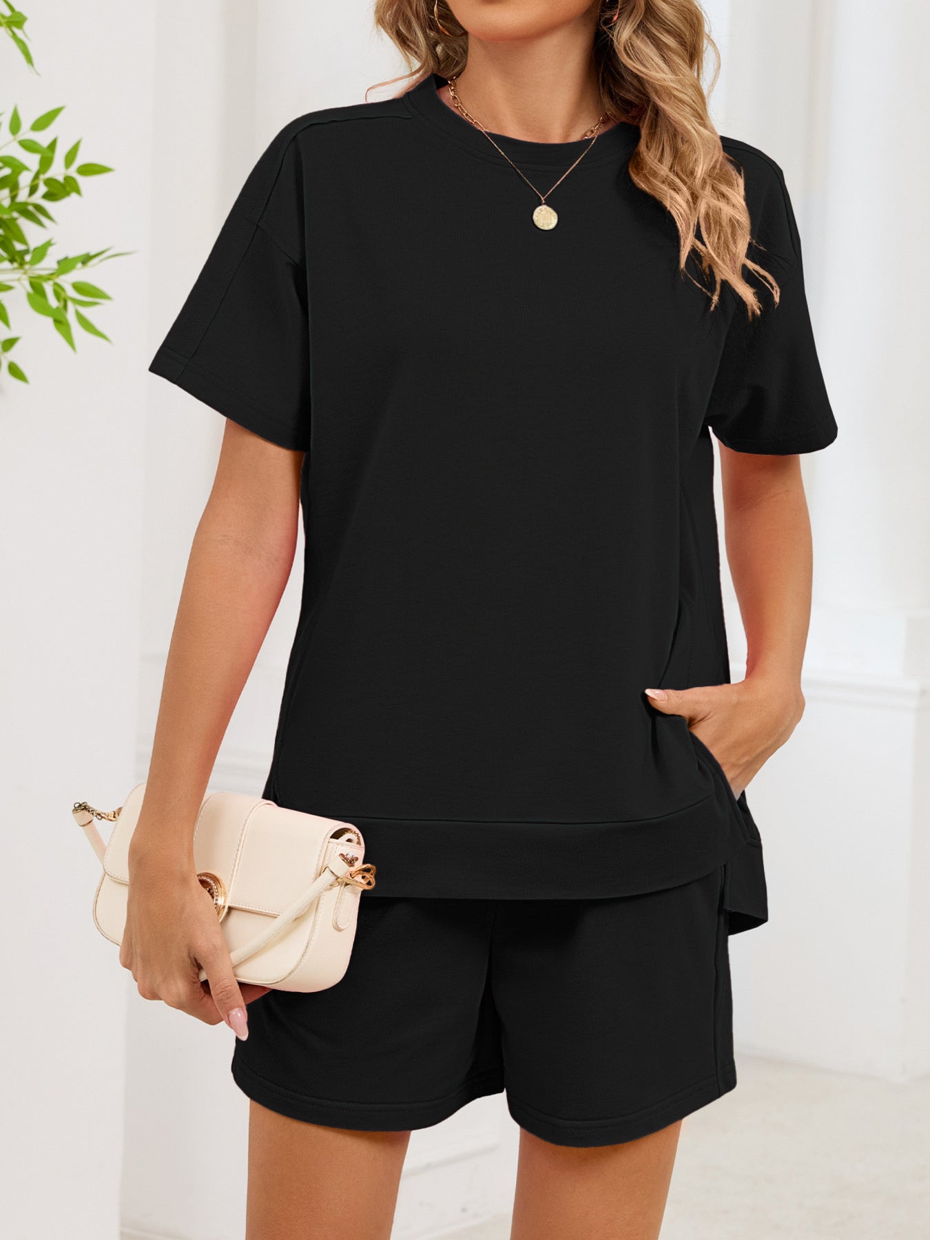 Round Neck Short Sleeve T-Shirt and Shorts Set - Twisted Southern Heat