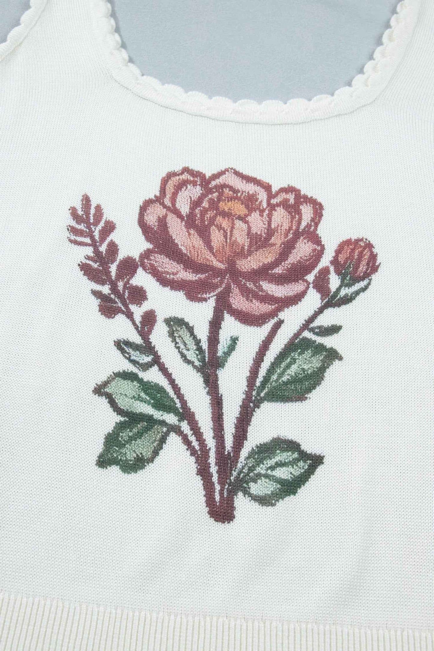 White Plus Size Floral Print Scalloped Trim Square Neck Sweater Vest - Twisted Southern Heat