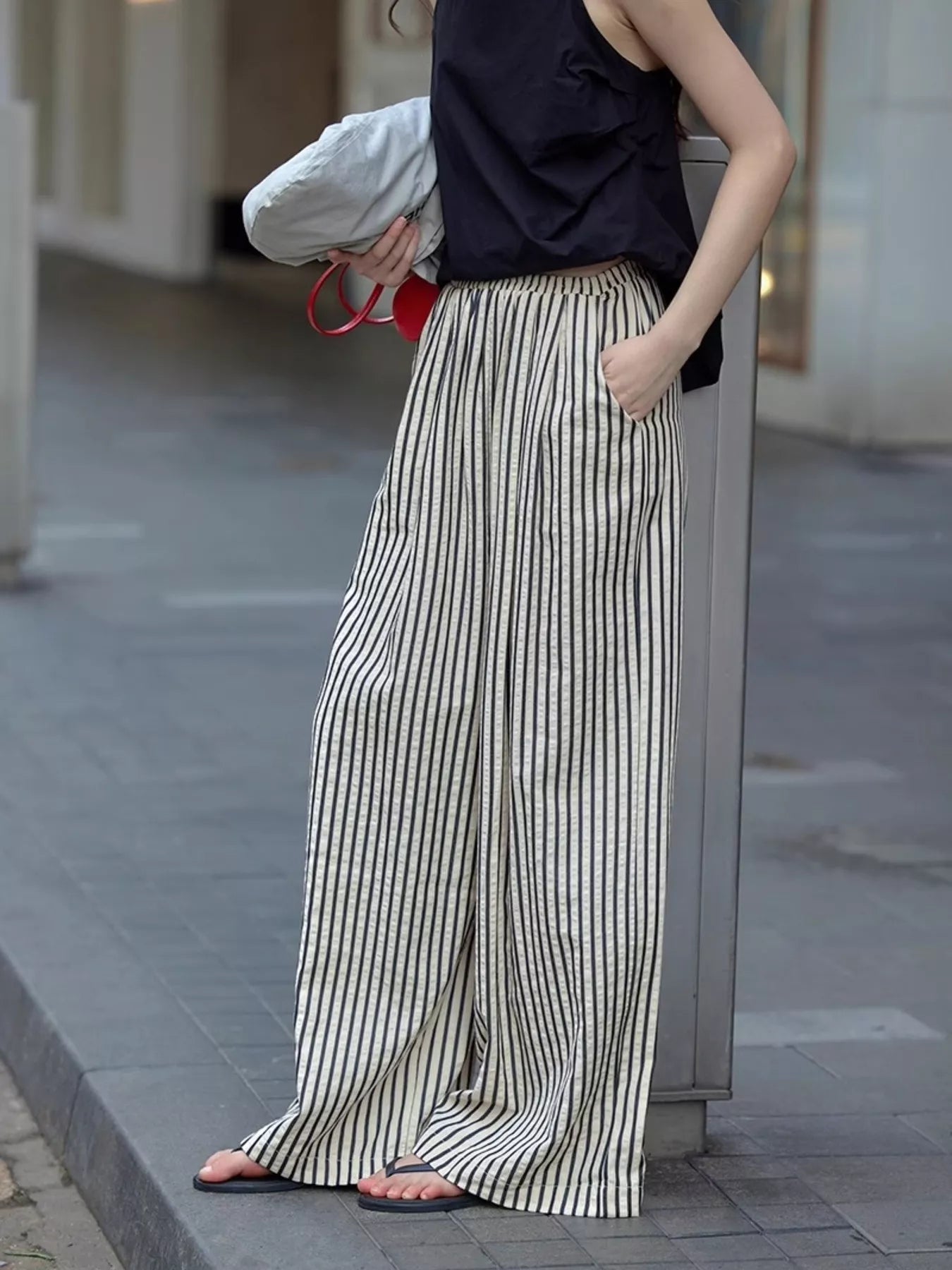 Full Size Striped Drawstring Waist Wide Leg Pants Plus Size - Twisted Southern Heat