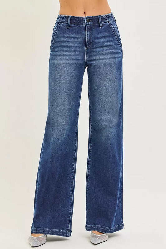 RISEN High Rise Wide Leg Slanted Pocket Jeans - Twisted Southern Heat