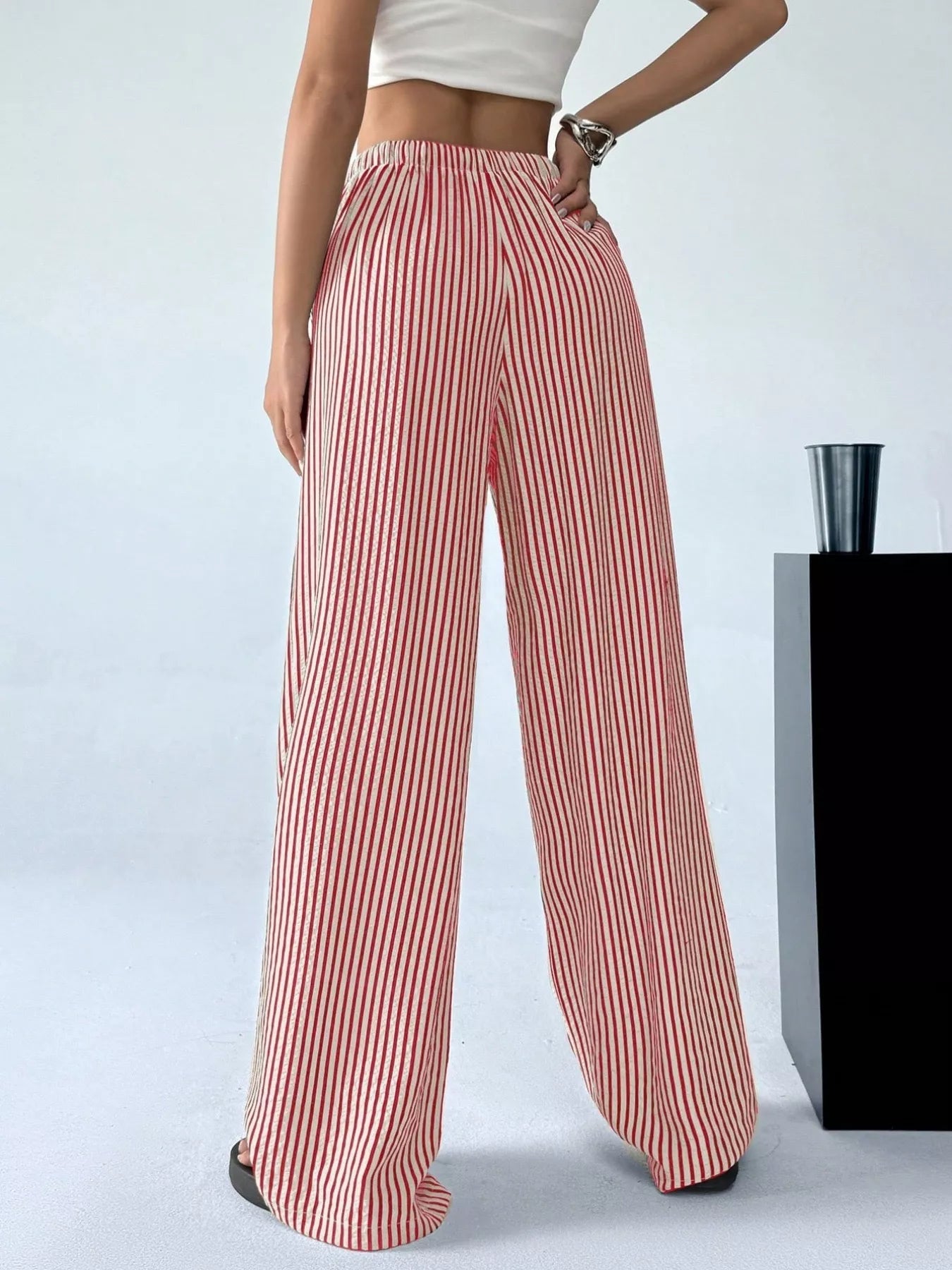 Full Size Striped Drawstring Waist Wide Leg Pants Plus Size - Twisted Southern Heat