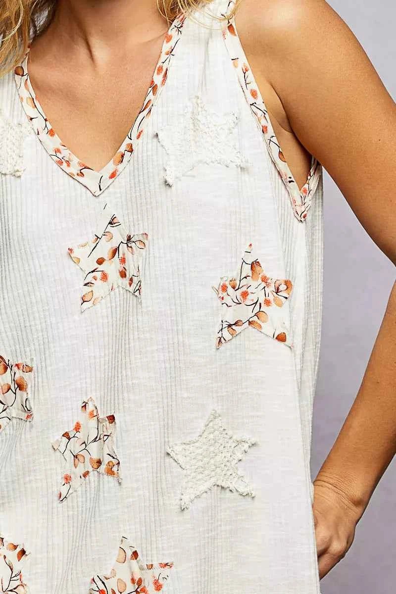 POL Floral Print Star Patch V - Neck Ribbed Tank - Twisted Southern Heat