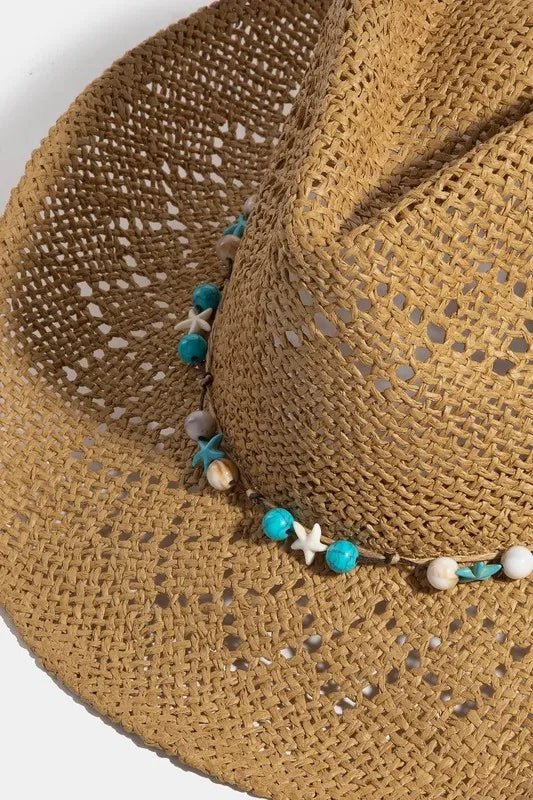 Fame Turquoise and Shell Star Beads Strap Western Straw Hat - Twisted Southern Heat
