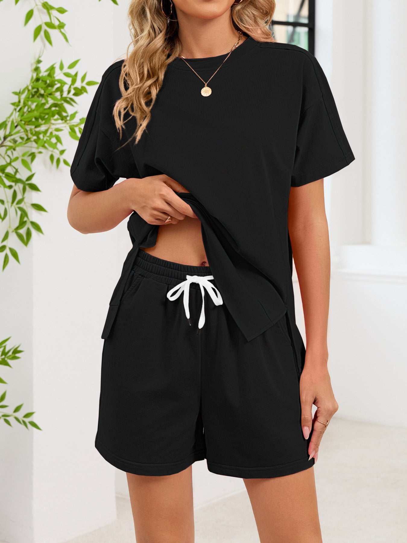 Round Neck Short Sleeve T-Shirt and Shorts Set - Twisted Southern Heat