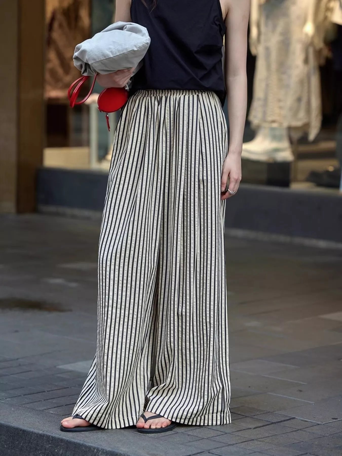 Full Size Striped Drawstring Waist Wide Leg Pants Plus Size - Twisted Southern Heat