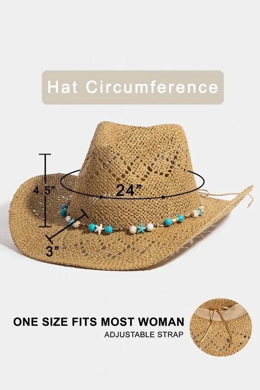Fame Turquoise and Shell Star Beads Strap Western Straw Hat - Twisted Southern Heat