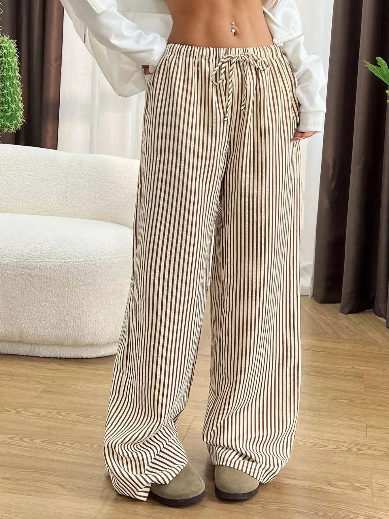 Full Size Striped Drawstring Waist Wide Leg Pants Plus Size - Twisted Southern Heat