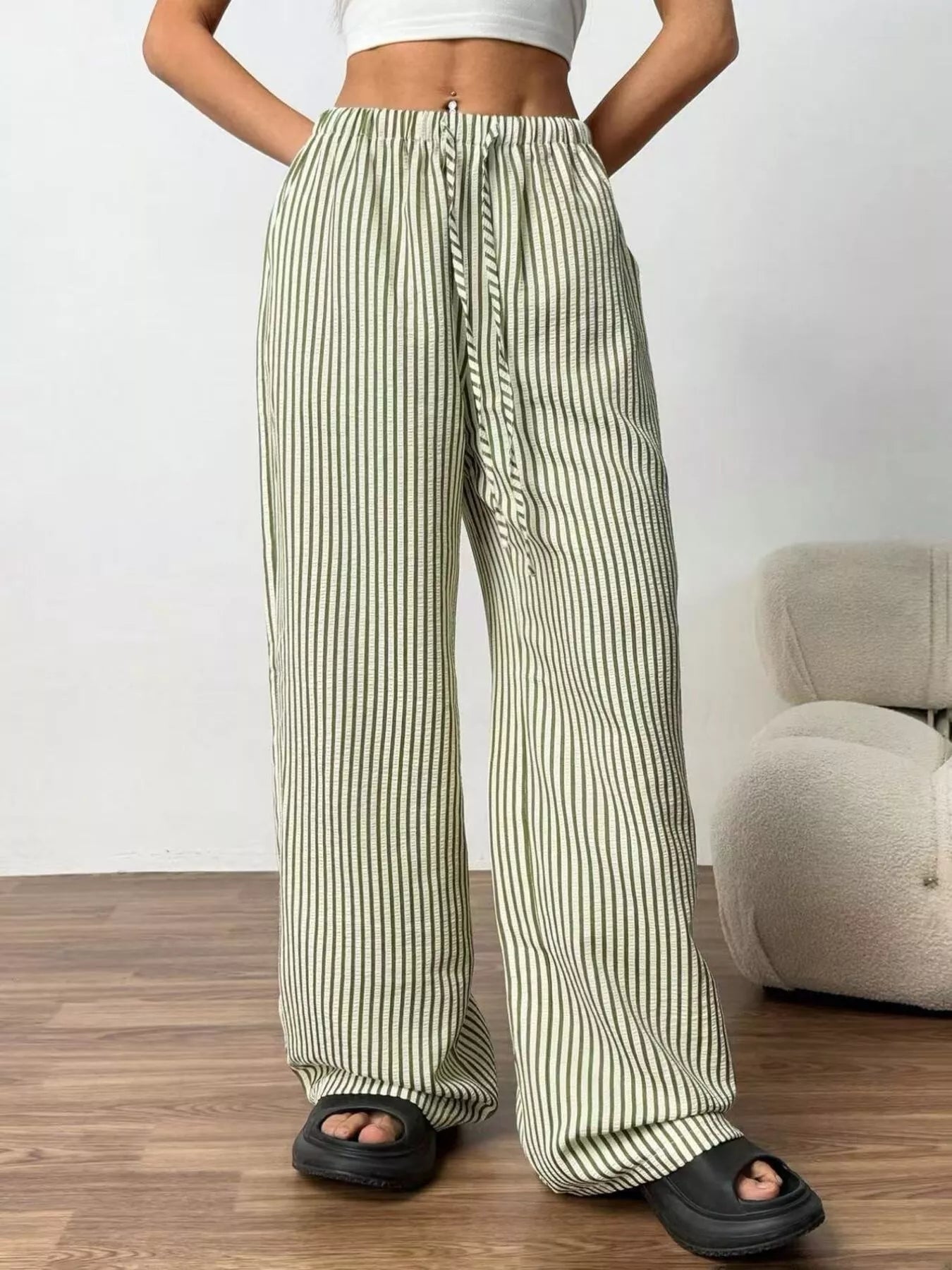 Full Size Striped Drawstring Waist Wide Leg Pants Plus Size - Twisted Southern Heat