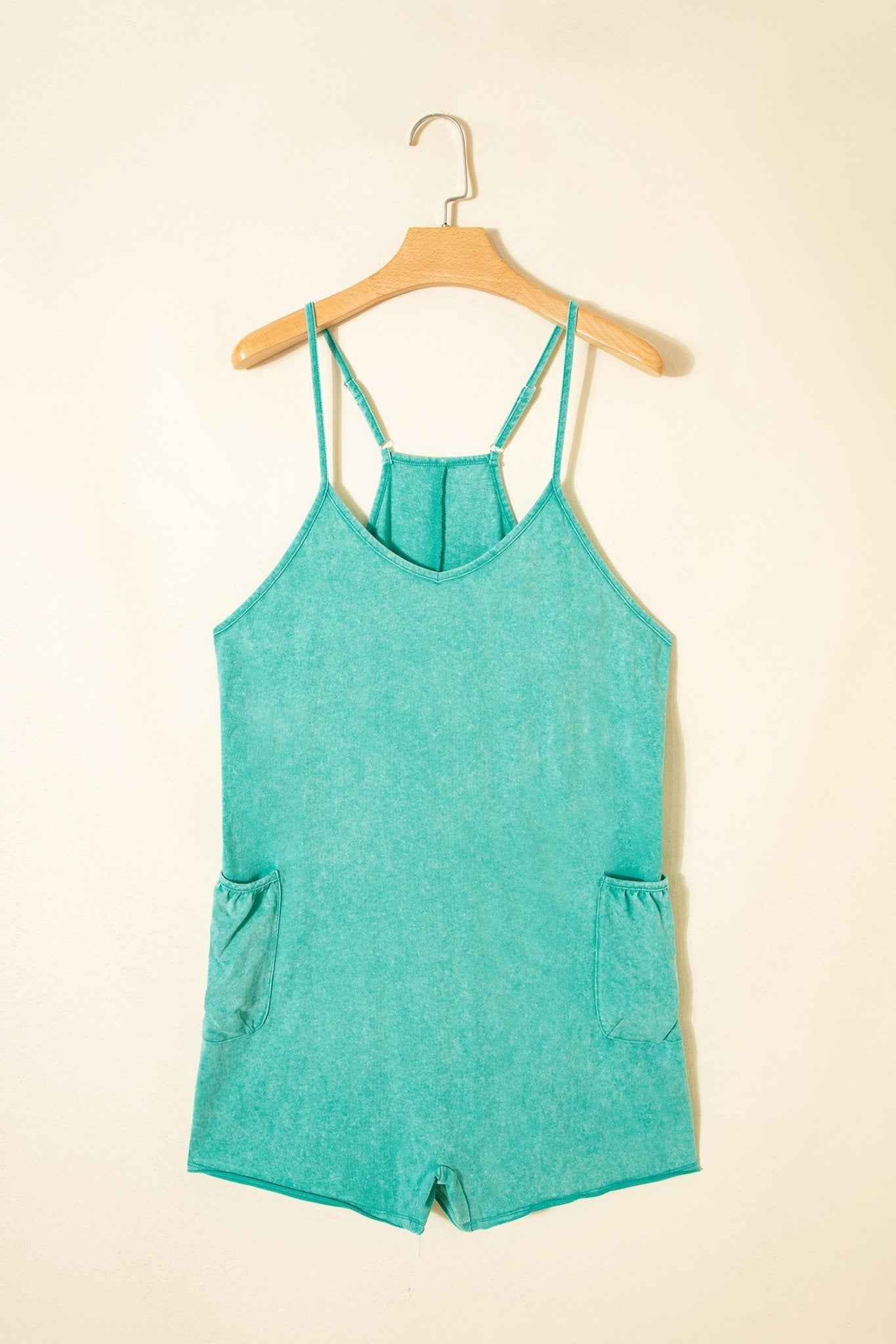 Mint Green Mineral Wash Spaghetti Straps Pocketed Romper - Twisted Southern Heat