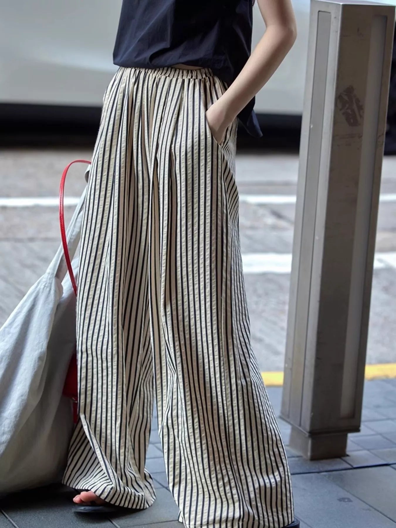 Full Size Striped Drawstring Waist Wide Leg Pants Plus Size - Twisted Southern Heat