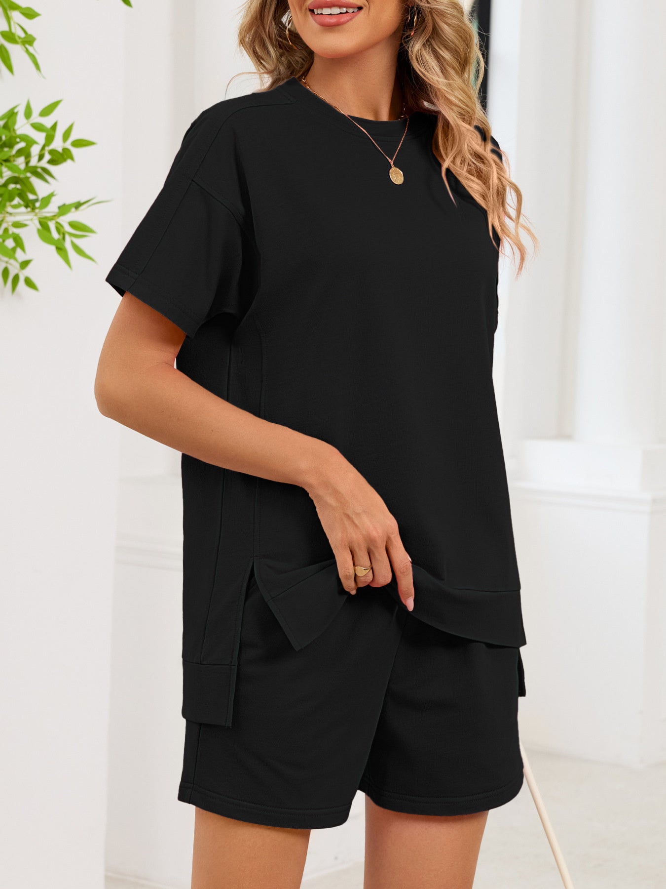 Round Neck Short Sleeve T-Shirt and Shorts Set - Twisted Southern Heat