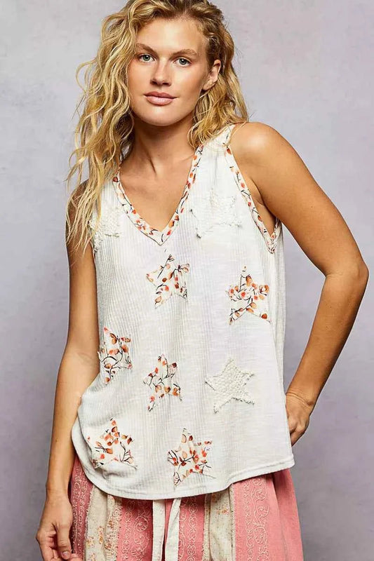 POL Floral Print Star Patch V - Neck Ribbed Tank - Twisted Southern Heat