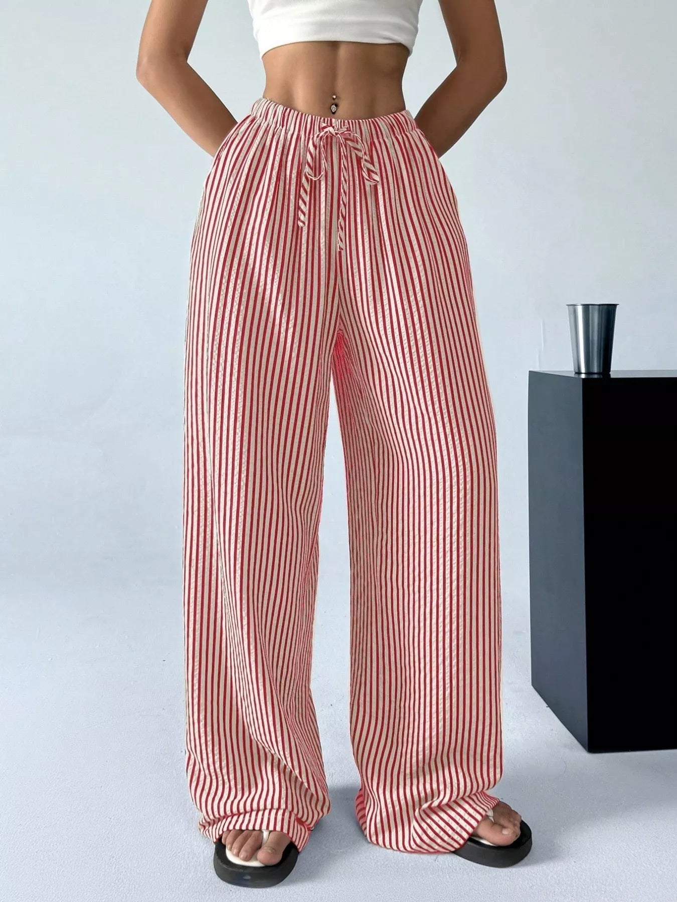 Full Size Striped Drawstring Waist Wide Leg Pants Plus Size - Twisted Southern Heat