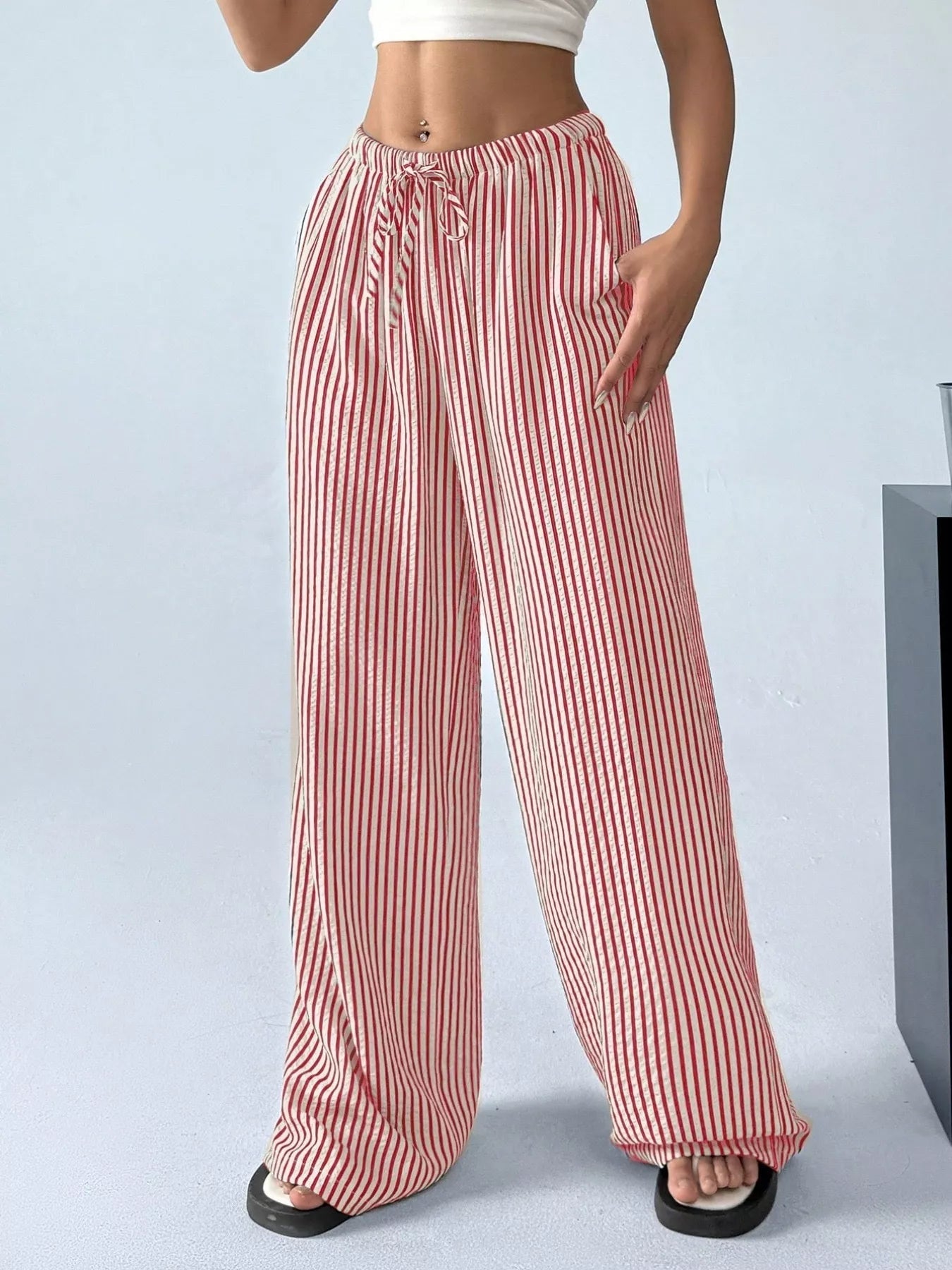 Full Size Striped Drawstring Waist Wide Leg Pants Plus Size - Twisted Southern Heat