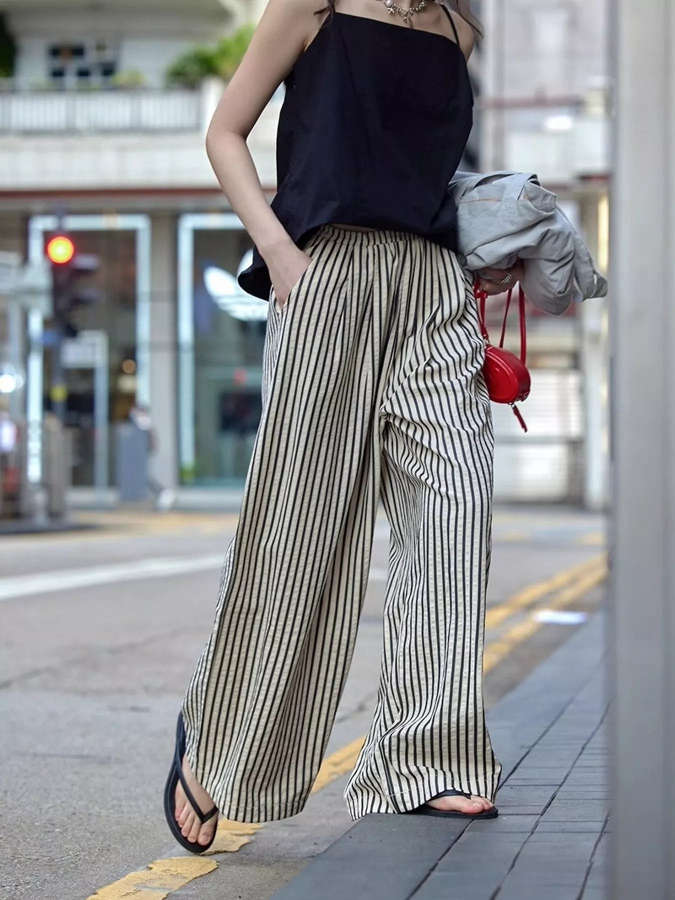 Full Size Striped Drawstring Waist Wide Leg Pants Plus Size - Twisted Southern Heat